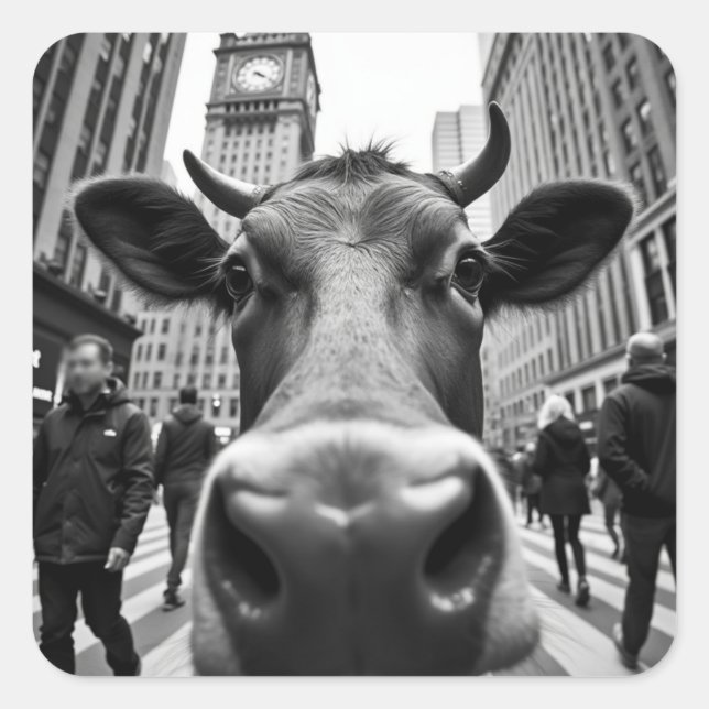 Sticker Carré Selfie de vache drôle sur une rue très fréquentée  (Devant)