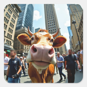 Sticker Carré Selfie de vache drôle sur une rue très fréquentée