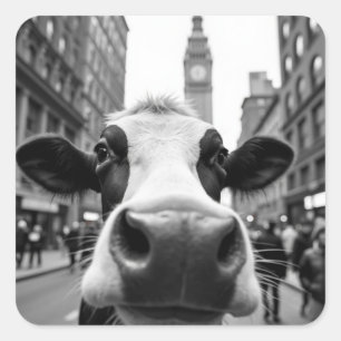 Sticker Carré Selfie de vache drôle sur une rue très fréquentée 