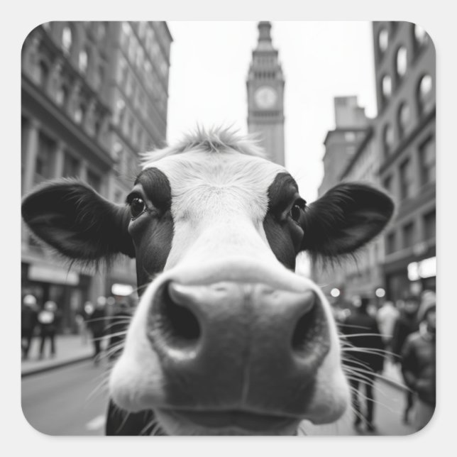 Sticker Carré Selfie de vache drôle sur une rue très fréquentée  (Devant)