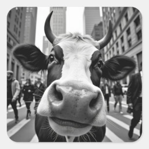 Sticker Carré Selfie de vache drôle sur une rue très fréquentée 