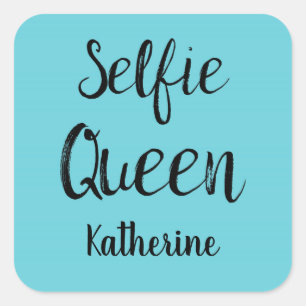 Sticker Carré Selfie Queen Nom Personnalisé Turquoise Bleu Turqu