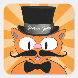 Sticker Carré Señor Gato Dessin Animé Moustache Chat avec Nœud P