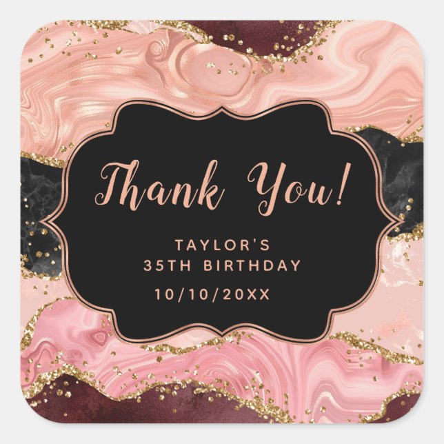 Sticker Carré Séquins noir et rose Agate Anniversaire Merci (Devant)