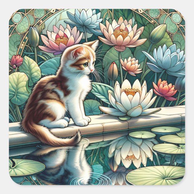 Sticker Carré Serene Kitten Nénuphar Art Nouveau (Devant)