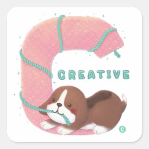Sticker Carré Série Alphabet : "C" Illustration Beagle créative