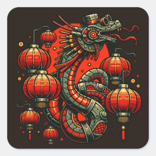 Sticker Carré Serpent chinois de Nouvel An Steampunk
