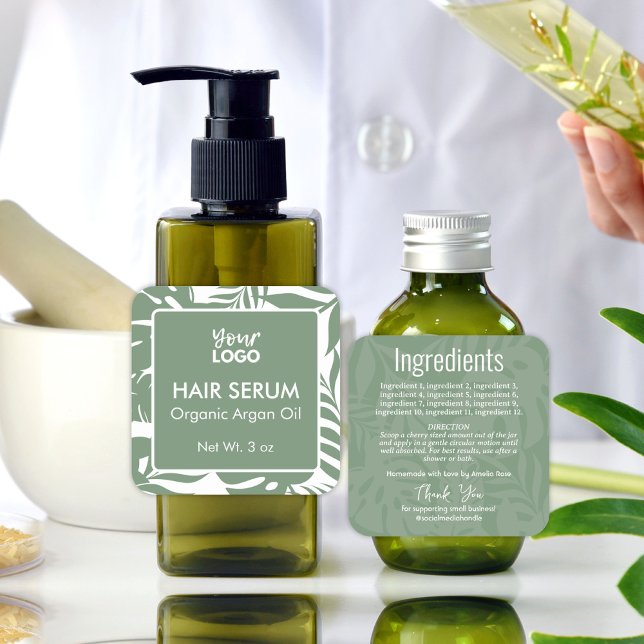 Sticker Carré Sérum minimal vert botanique tropical pour les che (Minimal Green Botanical Tropical Leaf Hair Serum Square Sticker)