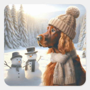 Sticker Carré Setter irlandais de Noël avec neigeurs