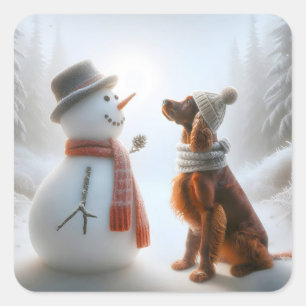Sticker Carré Setter irlandais de Noël avec Snowman