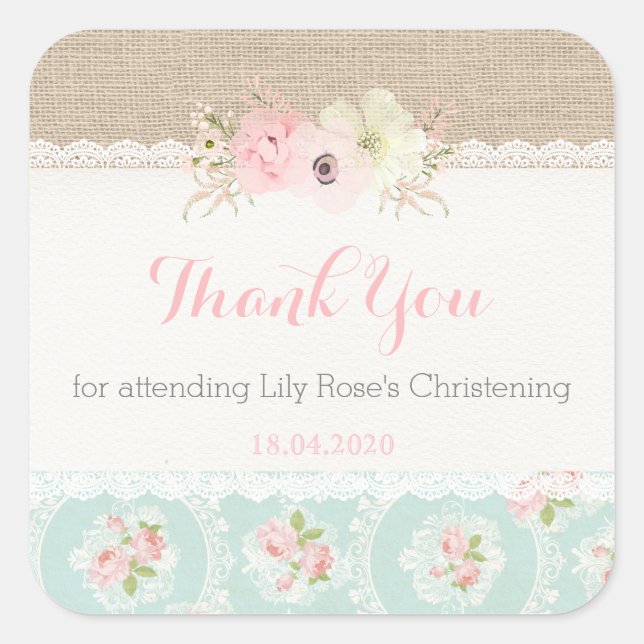 Sticker Carré Shabby Chic Rose & Mint (Devant)