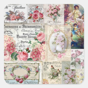 Sticker Carré Shabby collage chic, pays victorien, découpage, b