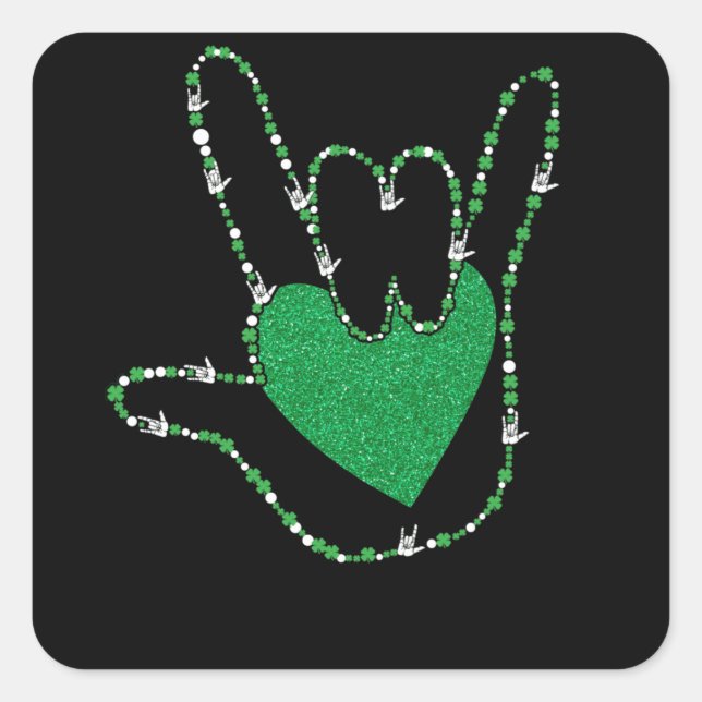 Sticker Carré Shamrock I Love You Hands Sign Language ASL (Devant)