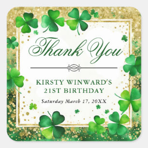 Sticker Carré Shamrock Vert et Or Aquarelle 21e Anniversaire