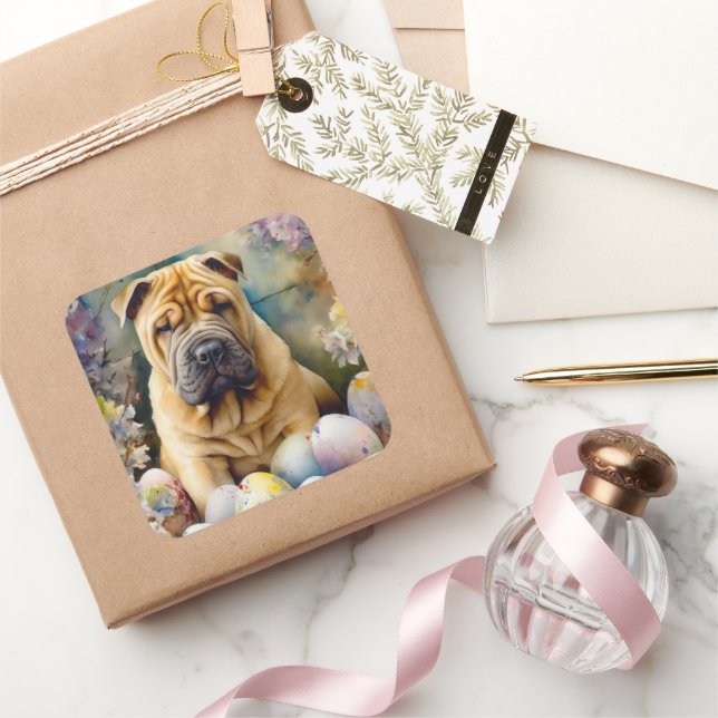 Sticker Carré Shar Pei Chien avec Oeufs de Pâques Vacances (Cadeaux)