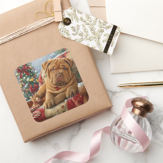 Sticker Carré Shar Pei Chien Festif de Noël (Cadeaux)
