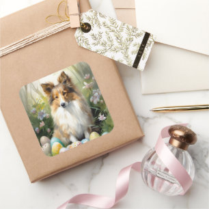 Sticker Carré Shetland Sheepdog avec vacances de œufs de Pâques