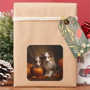 Sticker Carré Shetland Sheepdog Chiot Chiot Automne Citrouille d