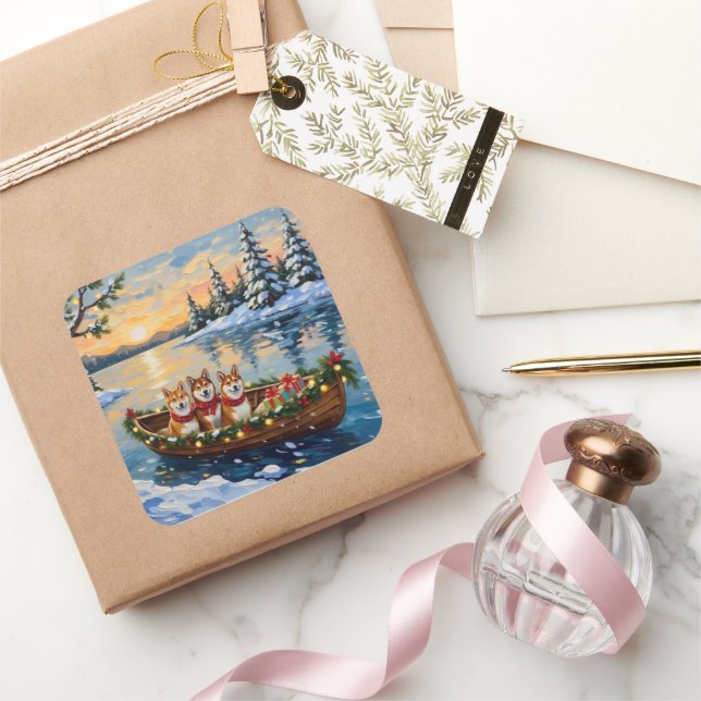 Sticker Carré Shiba Inu Christmas Boat Holiday (Cadeaux)