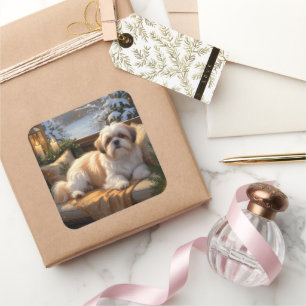 Sticker Carré Shih Tzu avec les lumières de Noël