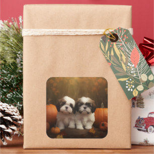 Sticker Carré Shih Tzu Puppy Automne Citrouille de plaisir