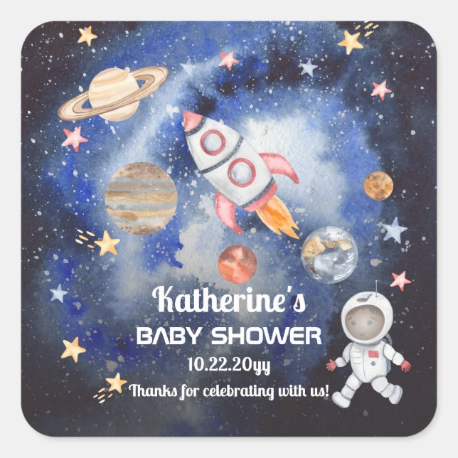 Sticker Carré Shower Baby Boy Rocket Planets (Devant)