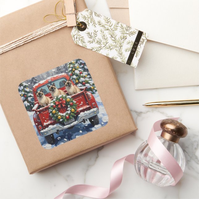 Sticker Carré Siamese Cat Christmas Red Truck Holiday (Cadeaux)