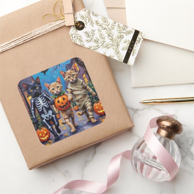 Sticker Carré Siamese Cats Trick-or-Treating Halloween Costumes (Cadeaux)