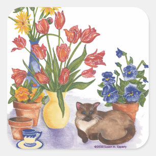 Sticker Carré Siamese Tulips Chat Pansies Aquarelle "Chester"