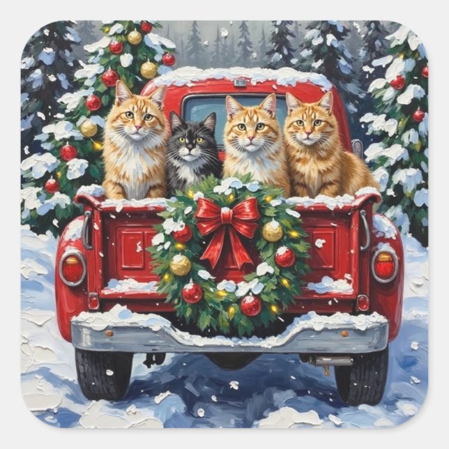 Sticker Carré Siberian Cat Christmas Red Truck Holiday (Devant)