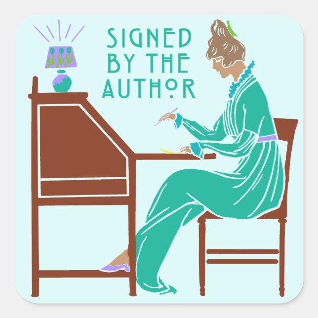Sticker Carré Signé par l'auteur Livre Signing Lady en Turquoise (Devant)