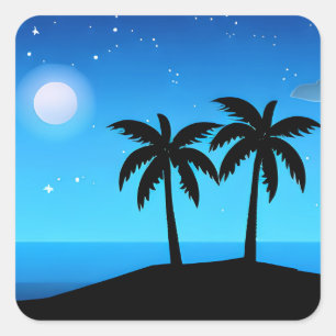 Sticker Carré Silhouette de l'île tropicale avec lune et étoiles