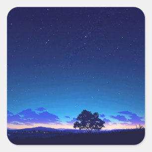 Sticker Carré Silhouette d'un arbre solitaire sous un ciel noctu