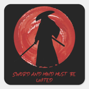 Sticker Carré Silhouette rétro Samurai - Citation de Samurai Min