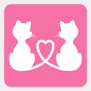 Sticker Carré Silhouette rose et blanche de deux chats amoureux