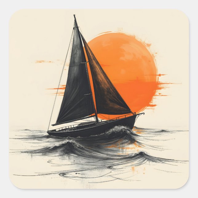 Sticker Carré Silhouette Sketch De Voilier Avec Soleil Orange (Devant)