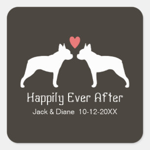 Sticker Carré Silhouettes de Boston Terrier avec cœur et texte