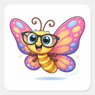 Sticker Carré Silly Butterfly Cartoon With Glasses