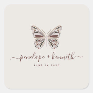 Sticker Carré Simple Boho Butterfly Burgundy Taupe Mariage