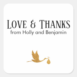 Sticker Carré Simple Faux Gold Stork Love & Thanks Baby shower