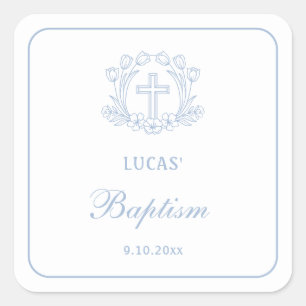 Sticker Carré Simple Floral Croix Bleue Baptême