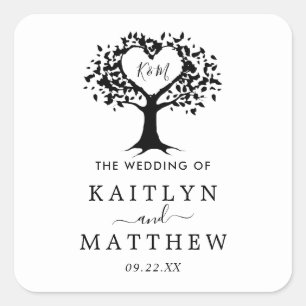 Sticker Carré Simple Mariage de l'arbre cardiaque du Monogramme 