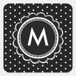 Sticker Carré Simple noir et blanc Polka Dot Monogramme Retro