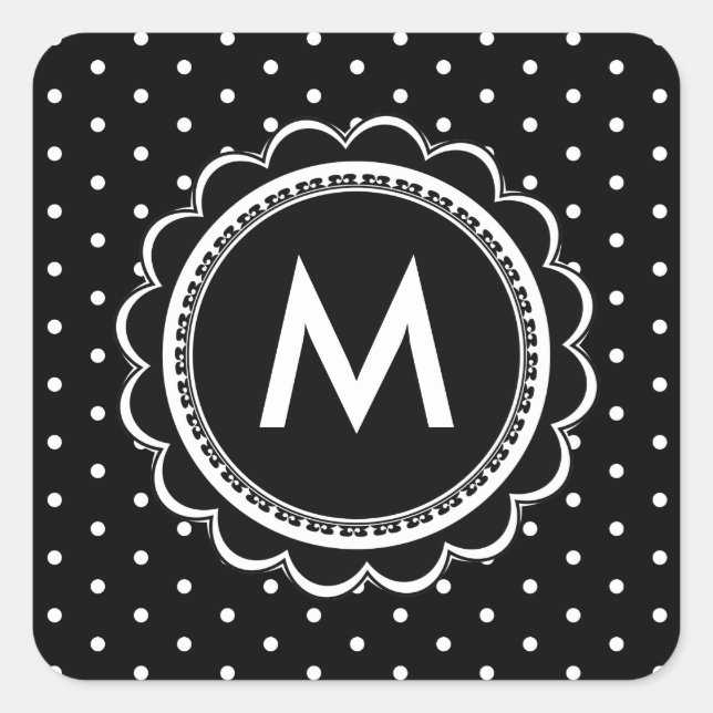 Sticker Carré Simple noir et blanc Polka Dot Monogramme Retro (Devant)