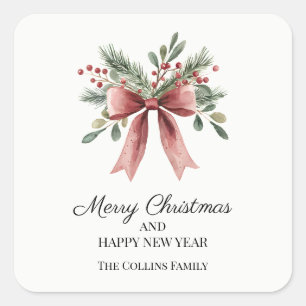 Sticker Carré Simple Rouge Ruban Bow Aquarelle Holly Noël
