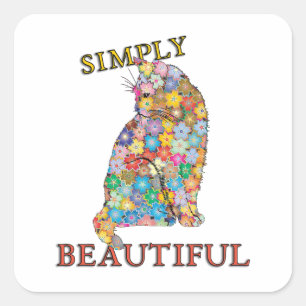 Sticker Carré Simplement Belle Fleurs Colorées Chat Aimer