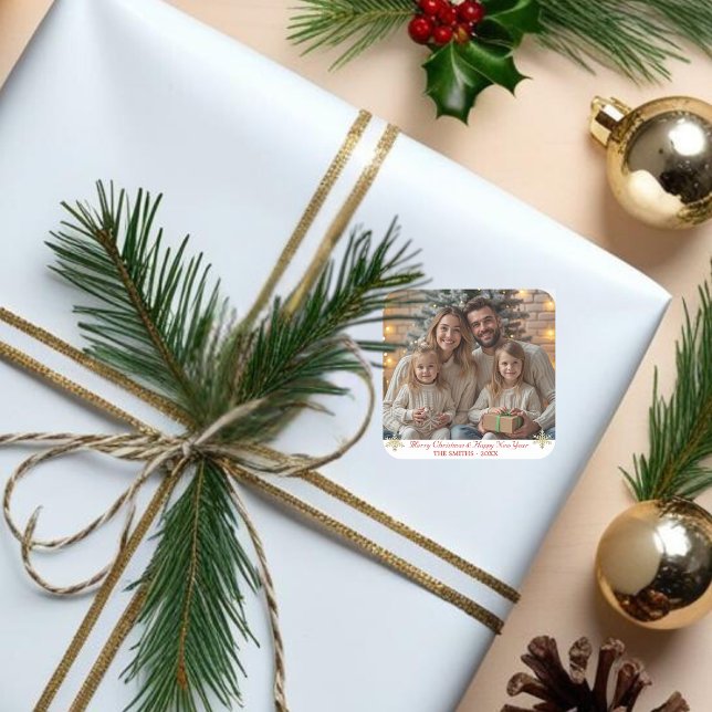 Sticker Carré Simples classiques Gold Snowflakes une photo (Simple Classic Gold Snowflakes one photo Square Sticker)