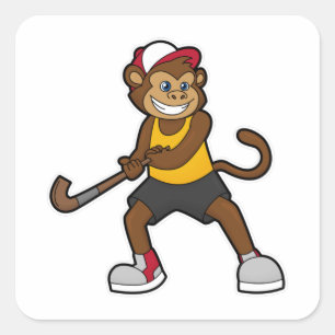 Sticker Carré Singe à Hockey avec bâton de hockey