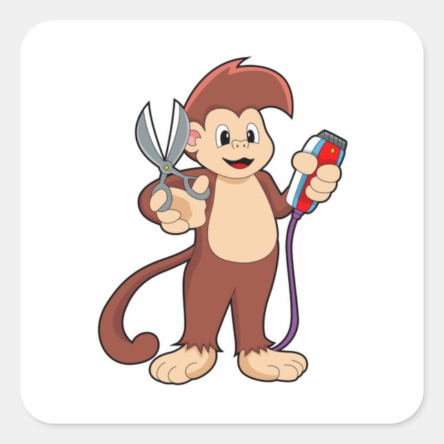 Sticker Carré Singe comme coiffeur avec ciseaux et razor (Devant)
