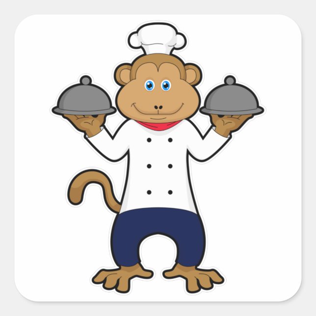 Sticker Carré Singe comme cuisson avec assiettes de service (Devant)